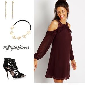 chiffon lace dress cold shoulders New!